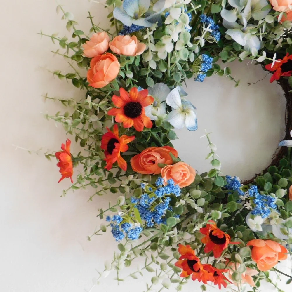 Wildflower Summer Wreath Wire Vine, Front Door, Blue Hydrangea, sunflowers